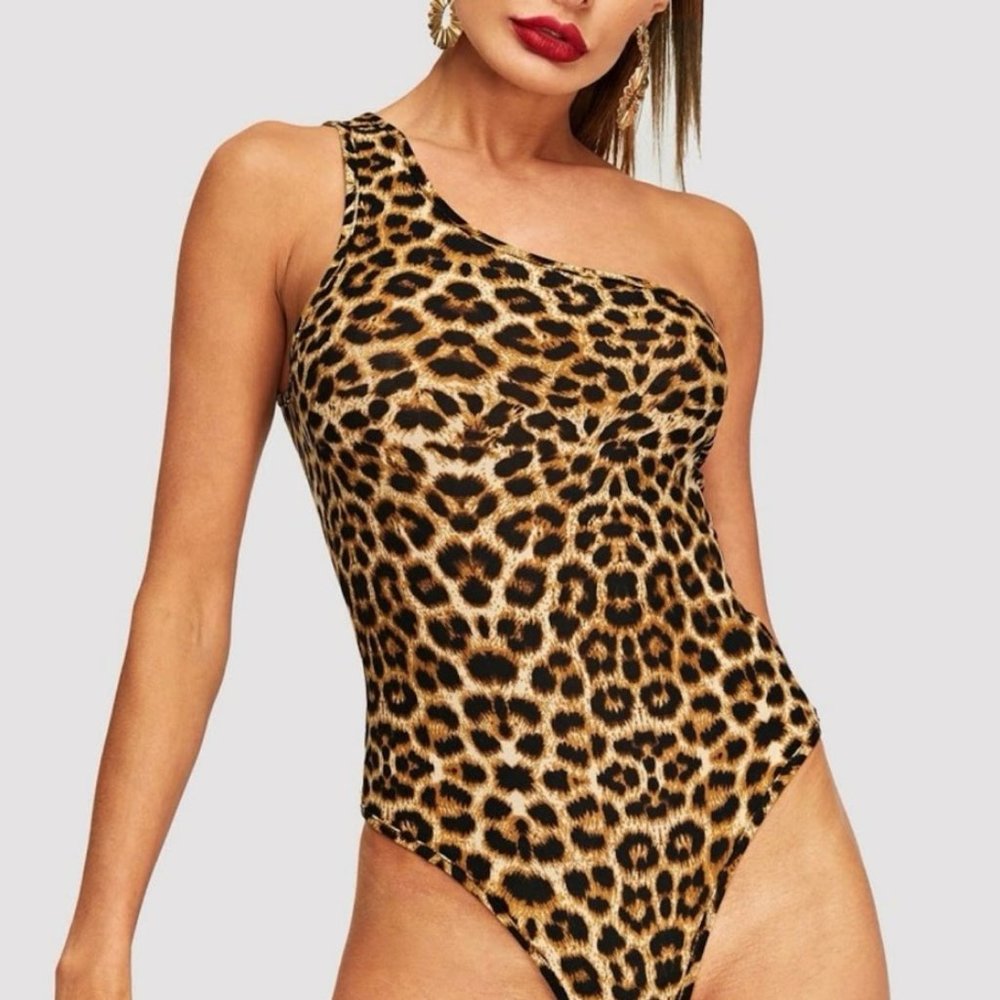 SHEIN One Shoulder Leopard Bodysuit, Large